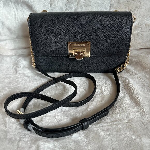NWT!RARE! Michael Kors Black Tina Leather Clutch Crossbody and Detachable Wallet - Picture 1 of 10